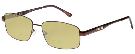 Profile View of Enhance EN3858 Designer Polarized Reading Sunglasses with Custom Cut Powered Sun Flower Yellow Lenses in Brown Gold Mens Rectangle Full Rim Metal 63 mm
