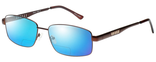 Profile View of Enhance EN3858 Designer Polarized Reading Sunglasses with Custom Cut Powered Blue Mirror Lenses in Brown Gold Mens Rectangle Full Rim Metal 63 mm