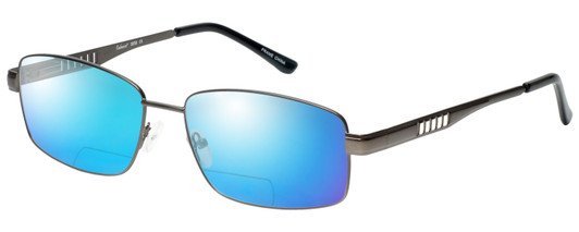 Profile View of Enhance EN3858 Designer Polarized Reading Sunglasses with Custom Cut Powered Blue Mirror Lenses in Gunmetal Silver Mens Rectangle Full Rim Metal 63 mm