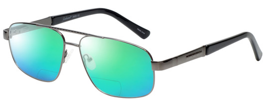 Profile View of Enhance EN3920 Designer Polarized Reading Sunglasses with Custom Cut Powered Green Mirror Lenses in Shiny Dark Gunmetal Black Mens Square Full Rim Metal 59 mm