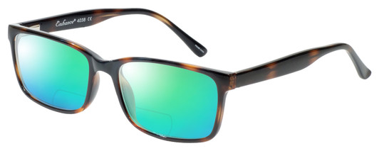 Profile View of Enhance EN4038 Designer Polarized Reading Sunglasses with Custom Cut Powered Green Mirror Lenses in Tortoise Havana Brown Gold Mens Classic Full Rim Acetate 60 mm