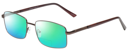 Profile View of Enhance EN4053 Designer Polarized Reading Sunglasses with Custom Cut Powered Green Mirror Lenses in Shiny Brown Mens Rectangle Full Rim Metal 61 mm