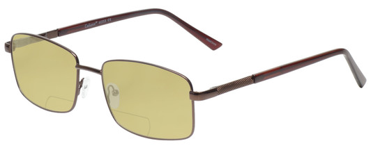 Profile View of Enhance EN4053 Designer Polarized Reading Sunglasses with Custom Cut Powered Sun Flower Yellow Lenses in Shiny Brown Mens Rectangle Full Rim Metal 61 mm