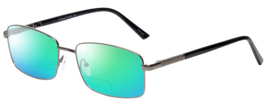 Profile View of Enhance EN4053 Designer Polarized Reading Sunglasses with Custom Cut Powered Green Mirror Lenses in Shiny Gunmetal Silver Mens Rectangle Full Rim Metal 61 mm