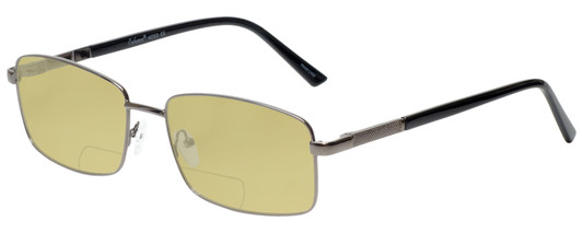 Profile View of Enhance EN4053 Designer Polarized Reading Sunglasses with Custom Cut Powered Sun Flower Yellow Lenses in Shiny Gunmetal Silver Mens Rectangle Full Rim Metal 61 mm