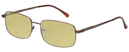 Profile View of Enhance EN4106 Designer Polarized Reading Sunglasses with Custom Cut Powered Sun Flower Yellow Lenses in Brown Mens Rectangle Full Rim Metal 60 mm