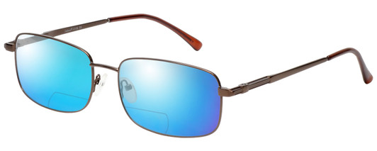 Profile View of Enhance EN4106 Designer Polarized Reading Sunglasses with Custom Cut Powered Blue Mirror Lenses in Brown Mens Rectangle Full Rim Metal 60 mm