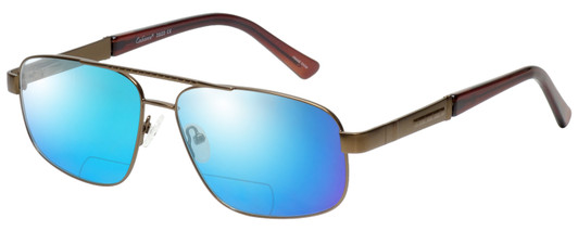 Profile View of Enhance EN4106 Designer Polarized Reading Sunglasses with Custom Cut Powered Blue Mirror Lenses in Brown Mens Rectangle Full Rim Metal 63 mm