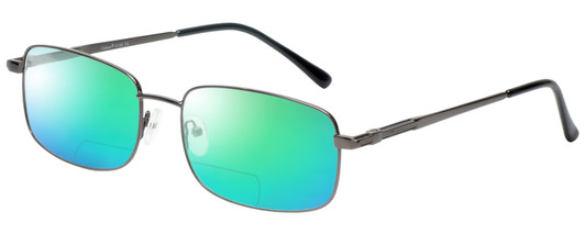 Profile View of Enhance EN4106 Designer Polarized Reading Sunglasses with Custom Cut Powered Green Mirror Lenses in Gunmetal Silver Mens Rectangle Full Rim Metal 60 mm