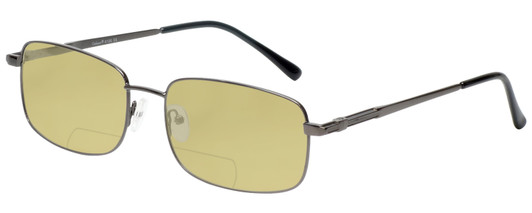 Profile View of Enhance EN4106 Designer Polarized Reading Sunglasses with Custom Cut Powered Sun Flower Yellow Lenses in Gunmetal Silver Mens Rectangle Full Rim Metal 60 mm