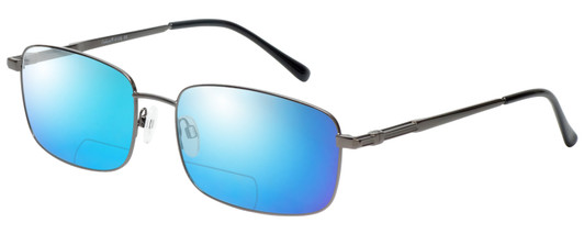 Profile View of Enhance EN4106 Designer Polarized Reading Sunglasses with Custom Cut Powered Blue Mirror Lenses in Gunmetal Silver Mens Rectangle Full Rim Metal 63 mm