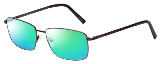 Profile View of Enhance EN4161 Designer Polarized Reading Sunglasses with Custom Cut Powered Green Mirror Lenses in Brown Mens Rectangle Full Rim Metal 60 mm