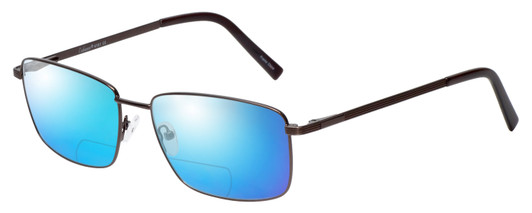 Profile View of Enhance EN4161 Designer Polarized Reading Sunglasses with Custom Cut Powered Blue Mirror Lenses in Brown Mens Rectangle Full Rim Metal 60 mm