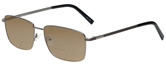 Profile View of Enhance EN4161 Designer Polarized Reading Sunglasses with Custom Cut Powered Amber Brown Lenses in Gunmetal Black Mens Rectangle Full Rim Metal 60 mm