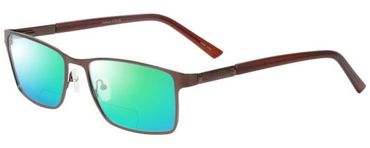 Profile View of Enhance EN4172 Designer Polarized Reading Sunglasses with Custom Cut Powered Green Mirror Lenses in Matte Brown Mens Rectangle Full Rim Metal 59 mm