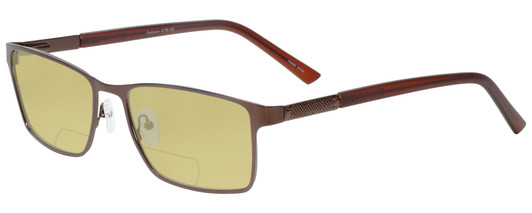 Profile View of Enhance EN4172 Designer Polarized Reading Sunglasses with Custom Cut Powered Sun Flower Yellow Lenses in Matte Brown Mens Rectangle Full Rim Metal 59 mm