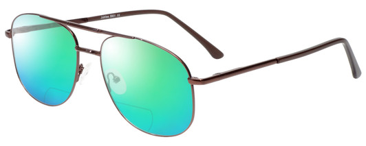 Profile View of Jubilee J5801 Designer Polarized Reading Sunglasses with Custom Cut Powered Green Mirror Lenses in Brown Mens Aviator Full Rim Metal 58 mm