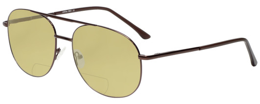 Profile View of Jubilee J5801 Designer Polarized Reading Sunglasses with Custom Cut Powered Sun Flower Yellow Lenses in Brown Mens Aviator Full Rim Metal 62 mm