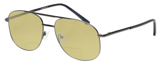 Profile View of Jubilee J5801 Designer Polarized Reading Sunglasses with Custom Cut Powered Sun Flower Yellow Lenses in Gunmetal Black Mens Aviator Full Rim Metal 58 mm