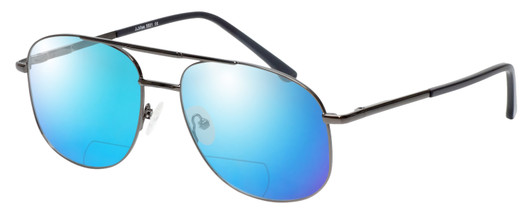 Profile View of Jubilee J5801 Designer Polarized Reading Sunglasses with Custom Cut Powered Blue Mirror Lenses in Gunmetal Black Mens Aviator Full Rim Metal 58 mm