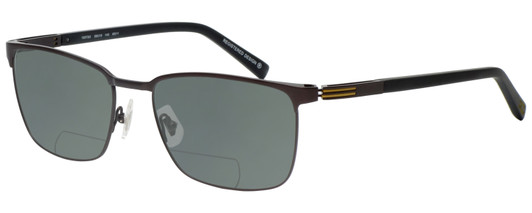 Profile View of OGA 10073O-MD11 Designer Polarized Reading Sunglasses with Custom Cut Powered Smoke Grey Lenses in Satin Brown Black Gold Unisex Rectangle Full Rim Metal 58 mm