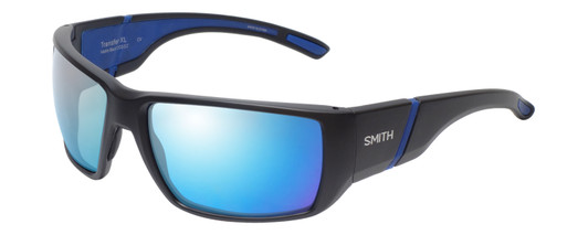 Profile View of Smith Optics Transfer XL Designer Polarized Sunglasses with Custom Cut Blue Mirror Lenses in Matte Black Unisex Sport Full Rim Acetate 67 mm