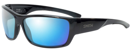 Profile View of Smith Optics Forge Designer Polarized Sunglasses with Custom Cut Blue Mirror Lenses in Gloss Black Unisex Sport Full Rim Acetate 63 mm