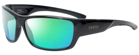 Profile View of Smith Optics Forge Designer Polarized Reading Sunglasses with Custom Cut Powered Green Mirror Lenses in Gloss Black Unisex Sport Full Rim Acetate 63 mm