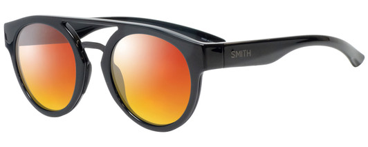 Profile View of Smith Optics Horizon Range Designer Polarized Sunglasses with Custom Cut Red Mirror Lenses in Gloss Black Unisex Round Full Rim Acetate 50 mm