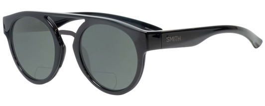 Profile View of Smith Optics Horizon Range Designer Polarized Reading Sunglasses with Custom Cut Powered Smoke Grey Lenses in Gloss Black Unisex Round Full Rim Acetate 50 mm