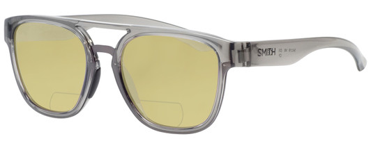 Profile View of Smith Optics Horizon Agency Designer Polarized Reading Sunglasses with Custom Cut Powered Sun Flower Yellow Lenses in Cloud Crystal Grey Unisex Retro Full Rim Acetate 53 mm