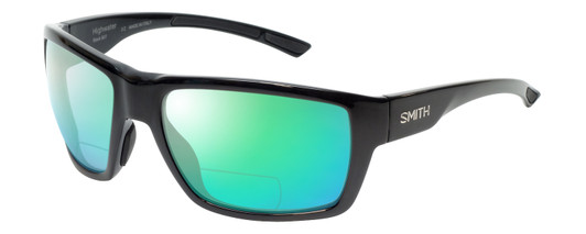 Profile View of Smith Optics Highwater Designer Polarized Reading Sunglasses with Custom Cut Powered Green Mirror Lenses in Gloss Black Ladies Oversized Full Rim Acetate 64 mm