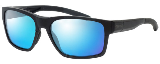 Profile View of Smith Optics Caravan MAG Designer Polarized Sunglasses with Custom Cut Blue Mirror Lenses in Matte Black Unisex Square Full Rim Acetate 59 mm