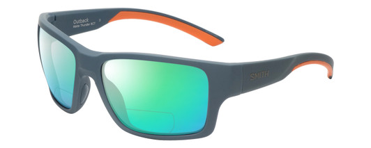 Profile View of Smith Optics Outback Designer Polarized Reading Sunglasses with Custom Cut Powered Green Mirror Lenses in Matte Thunder Grey Mens Sport Full Rim Acetate 59 mm