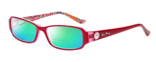 Profile View of Vera Bradley Madeline Designer Polarized Reading Sunglasses with Custom Cut Powered Green Mirror Lenses in Red Pink Swirl Ladies Rectangle Full Rim Acetate 50 mm