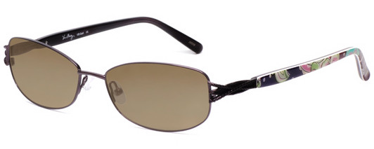 Profile View of Vera Bradley Gail Designer Polarized Sunglasses with Custom Cut Amber Brown Lenses in Purple Pink Blue Flower Heather Ladies Rectangle Full Rim Metal 55 mm