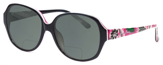 Profile View of Vera Bradley Lillian Designer Polarized Reading Sunglasses with Custom Cut Powered Smoke Grey Lenses in Black Priscilla Pink Ladies Oversized Full Rim Acetate 57 mm