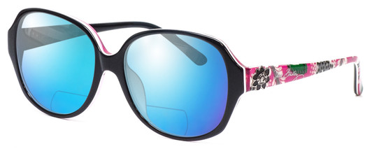 Profile View of Vera Bradley Lillian Designer Polarized Reading Sunglasses with Custom Cut Powered Blue Mirror Lenses in Black Priscilla Pink Ladies Oversized Full Rim Acetate 57 mm