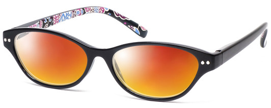 Profile View of Vera Bradley Adalynn Designer Polarized Sunglasses with Custom Cut Red Mirror Lenses in Black Pink Blue Alpine Floral Ladies Cateye Full Rim Acetate 49 mm