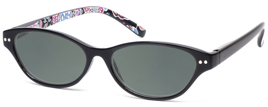 Profile View of Vera Bradley Adalynn Designer Polarized Sunglasses with Custom Cut Smoke Grey Lenses in Black Pink Blue Alpine Floral Ladies Cateye Full Rim Acetate 49 mm