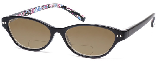 Profile View of Vera Bradley Adalynn Designer Polarized Reading Sunglasses with Custom Cut Powered Amber Brown Lenses in Black Pink Blue Alpine Floral Ladies Cateye Full Rim Acetate 49 mm