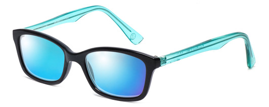 Profile View of Vera Bradley Meryl Designer Polarized Sunglasses with Custom Cut Blue Mirror Lenses in Black Crystal Blue Camo Floral Ladies Rectangle Full Rim Acetate 47 mm