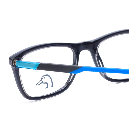 Close Up View of Ducks Unlimited Labrador Designer Reading Eye Glasses with Custom Cut Powered Lenses in Navy Blue Mens Rectangle Full Rim Acetate 54 mm