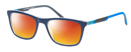 Profile View of Ducks Unlimited Labrador Designer Polarized Sunglasses with Custom Cut Red Mirror Lenses in Navy Blue Mens Rectangle Full Rim Acetate 54 mm