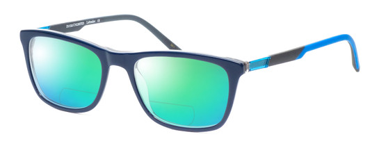 Profile View of Ducks Unlimited Labrador Designer Polarized Reading Sunglasses with Custom Cut Powered Green Mirror Lenses in Navy Blue Mens Rectangle Full Rim Acetate 54 mm