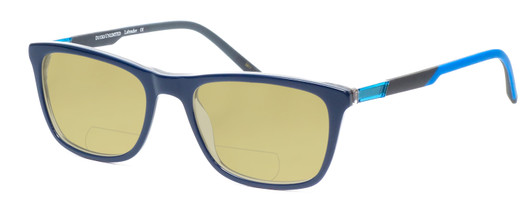 Profile View of Ducks Unlimited Labrador Designer Polarized Reading Sunglasses with Custom Cut Powered Sun Flower Yellow Lenses in Navy Blue Mens Rectangle Full Rim Acetate 54 mm