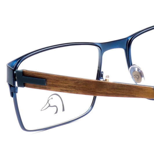 Close Up View of Ducks Unlimited Station Designer Bi-Focal Prescription Rx Eyeglasses in Cobalt Blue Mens Rectangle Full Rim Metal 55 mm