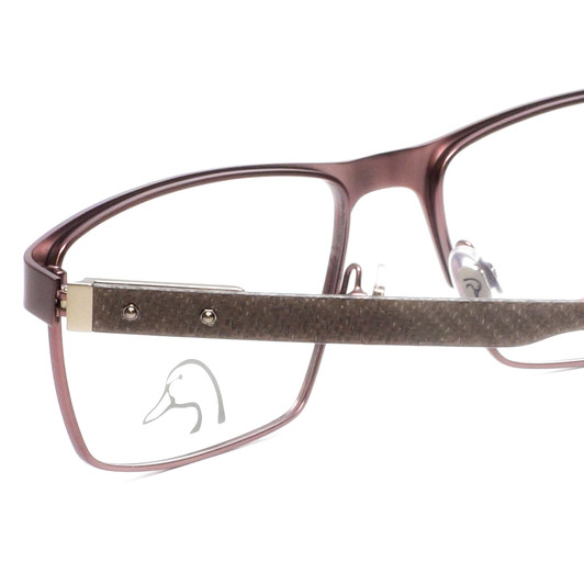 Close Up View of Ducks Unlimited Spear Designer Bi-Focal Prescription Rx Eyeglasses in Brown Mens Rectangle Full Rim Metal 56 mm