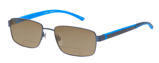 Profile View of Ducks Unlimited Skybuster Designer Polarized Reading Sunglasses with Custom Cut Powered Amber Brown Lenses in Blue Mens Rectangle Full Rim Metal 54 mm