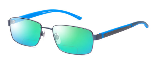 Profile View of Ducks Unlimited Skybuster Designer Polarized Reading Sunglasses with Custom Cut Powered Green Mirror Lenses in Blue Mens Rectangle Full Rim Metal 54 mm